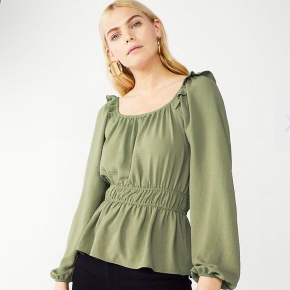 NWT Nine West Sz L Olive Green Chiffon Squareneck Peplum Beautiful Blouse Top - Picture 1 of 17